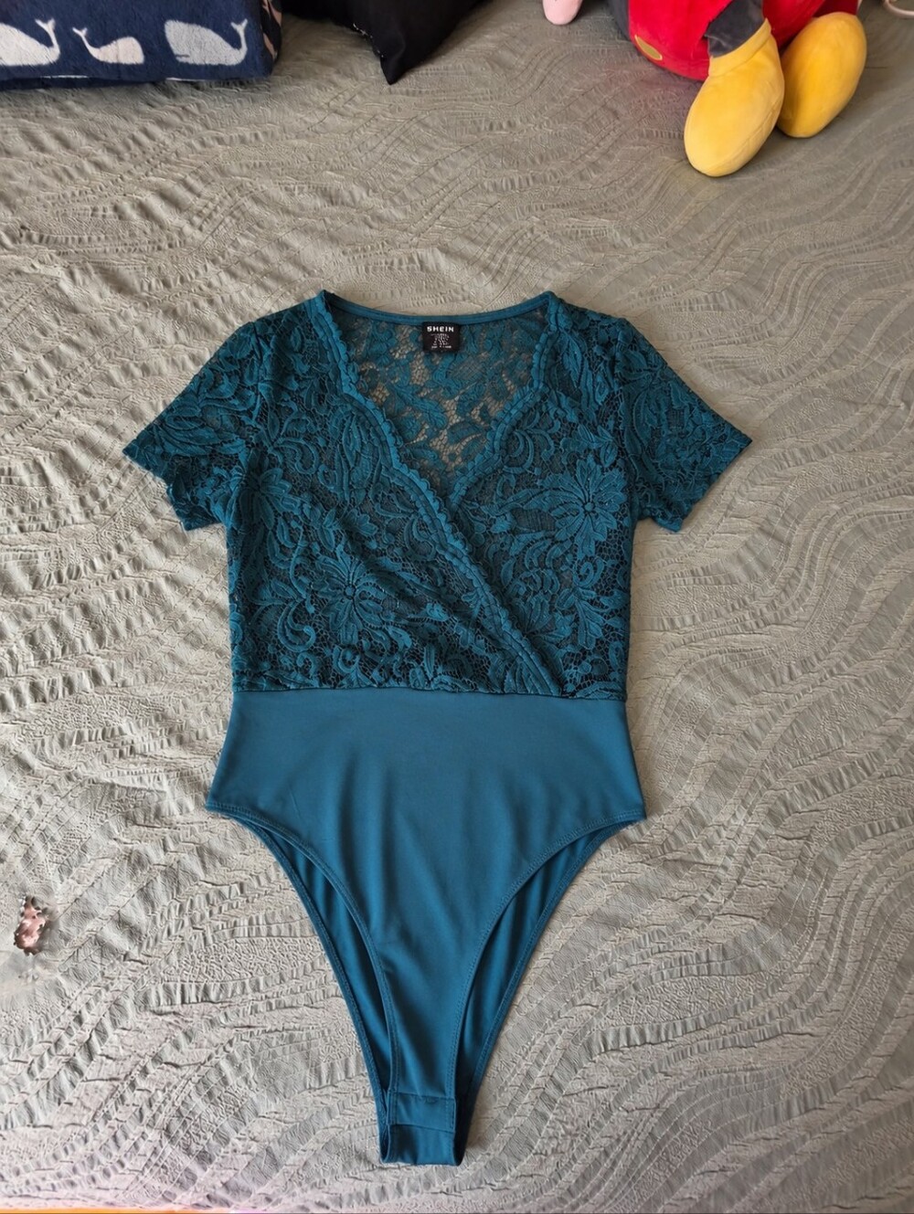 Teal Lace Surplice Short-Sleeve Bodysuit